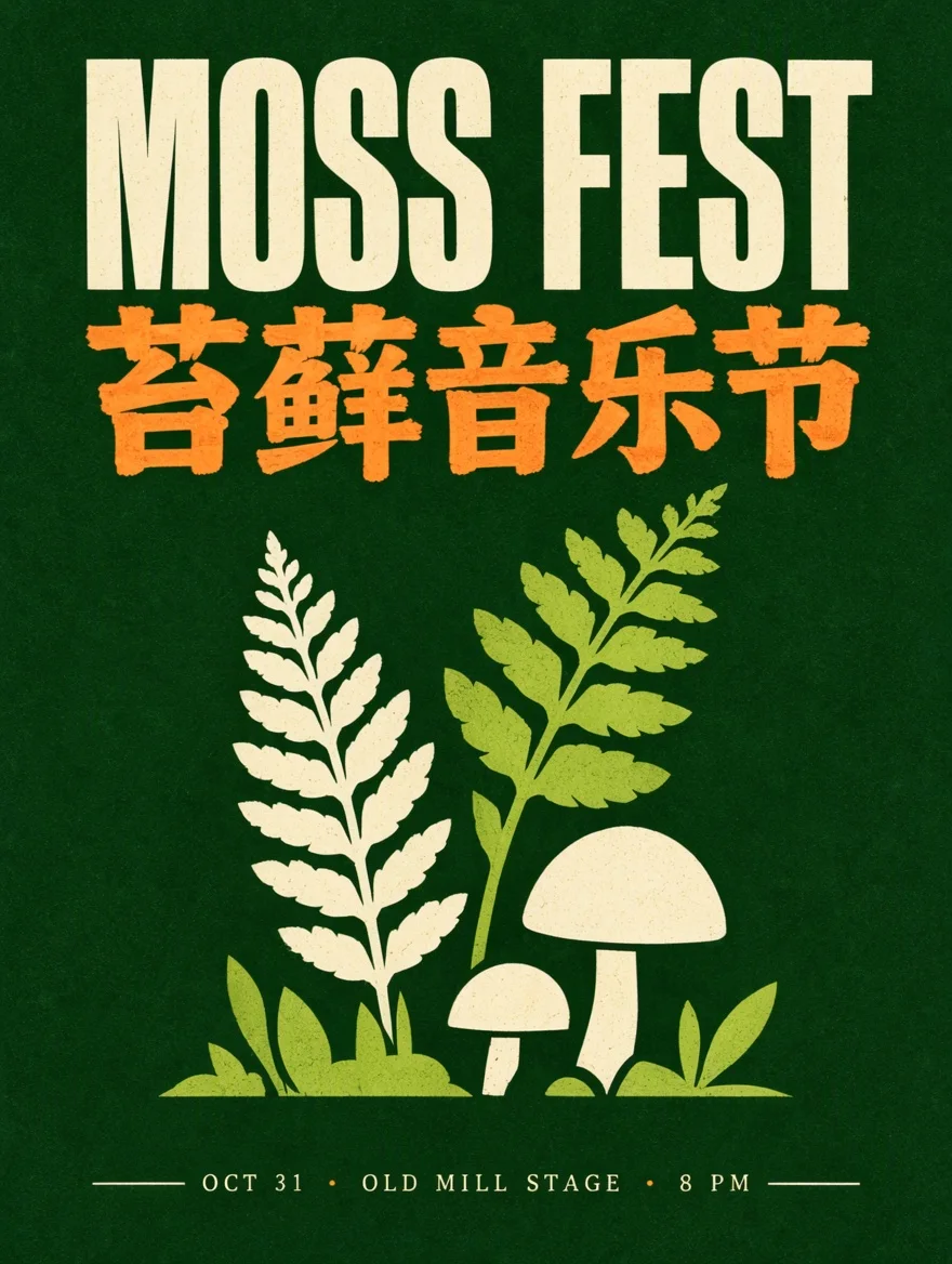Moss green gig poster with the title MOSS FEST, the Chinese line 苔藓音乐节 and a fern illustration