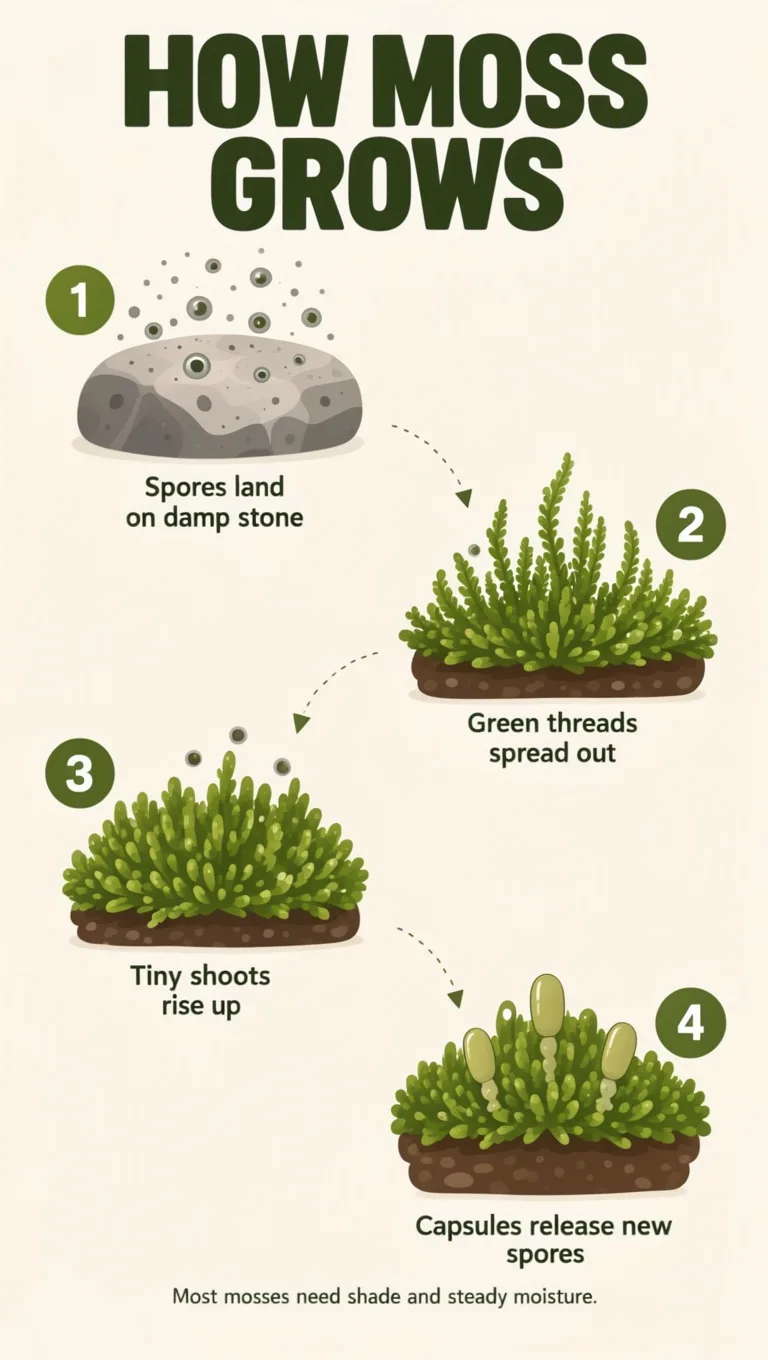 Flat infographic titled How Moss Grows with four numbered steps