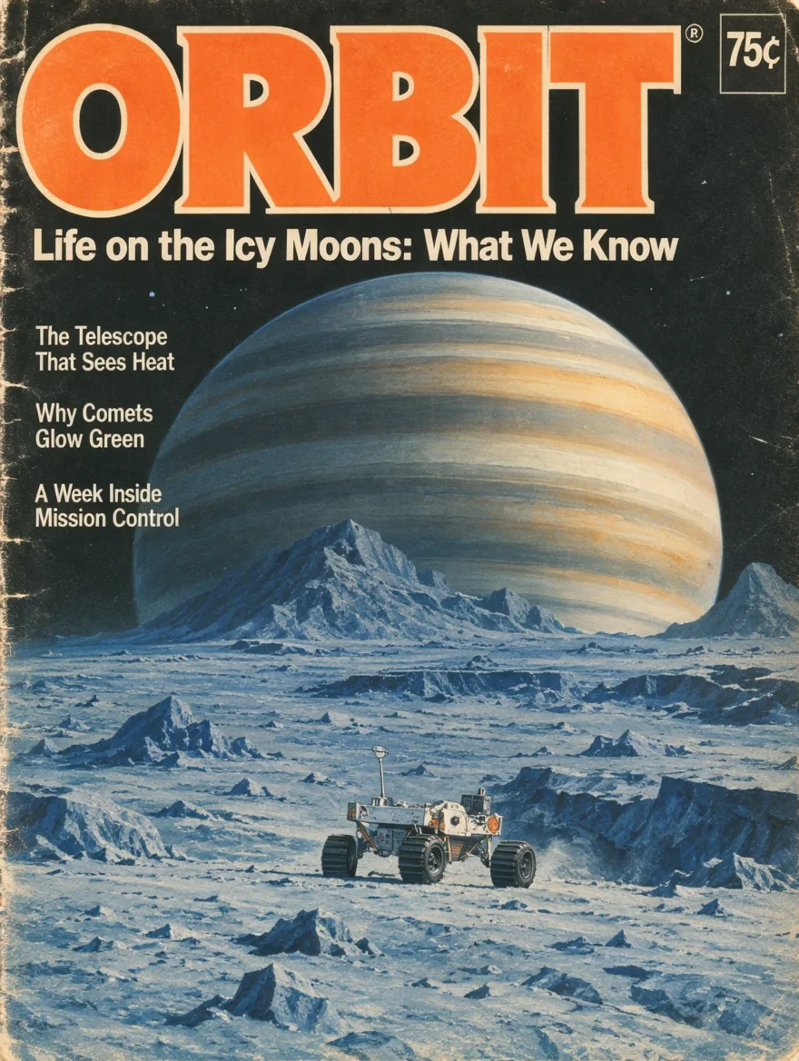 Retro science magazine cover titled ORBIT with a rover on an icy moon and cover lines