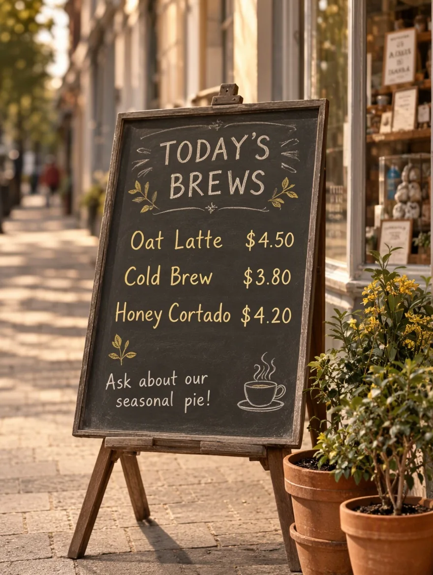 Chalkboard coffee menu outside a cafe listing oat latte, cold brew and honey cortado with prices