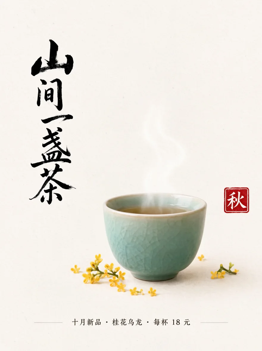 Minimal Chinese tea poster with vertical calligraphy, a celadon cup and a red seal